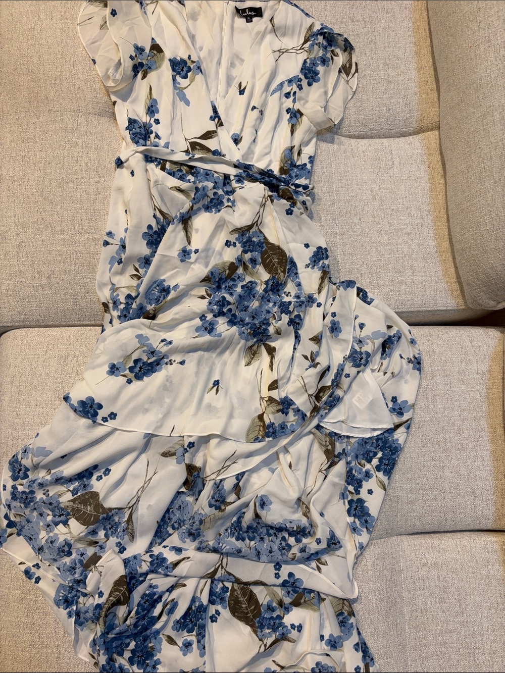Lulu's White Maxi Dress with Blue Floral Print